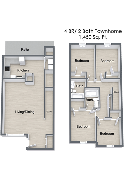 Floor plan for 4 beds, 2 baths, 1429 sqft